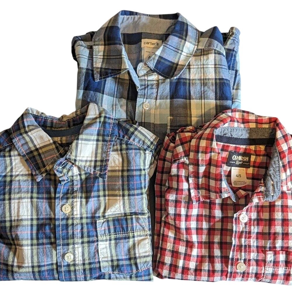 2 Boys Oshkosh & 1 Carters Longsleeve 100%‎ Cotton Dress Shirts Blue White & Red